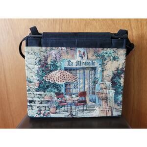 Vintage 70s Toby Weston Tapestry Adjustable Knit Bag "La Mirabelle" Cafe Scene